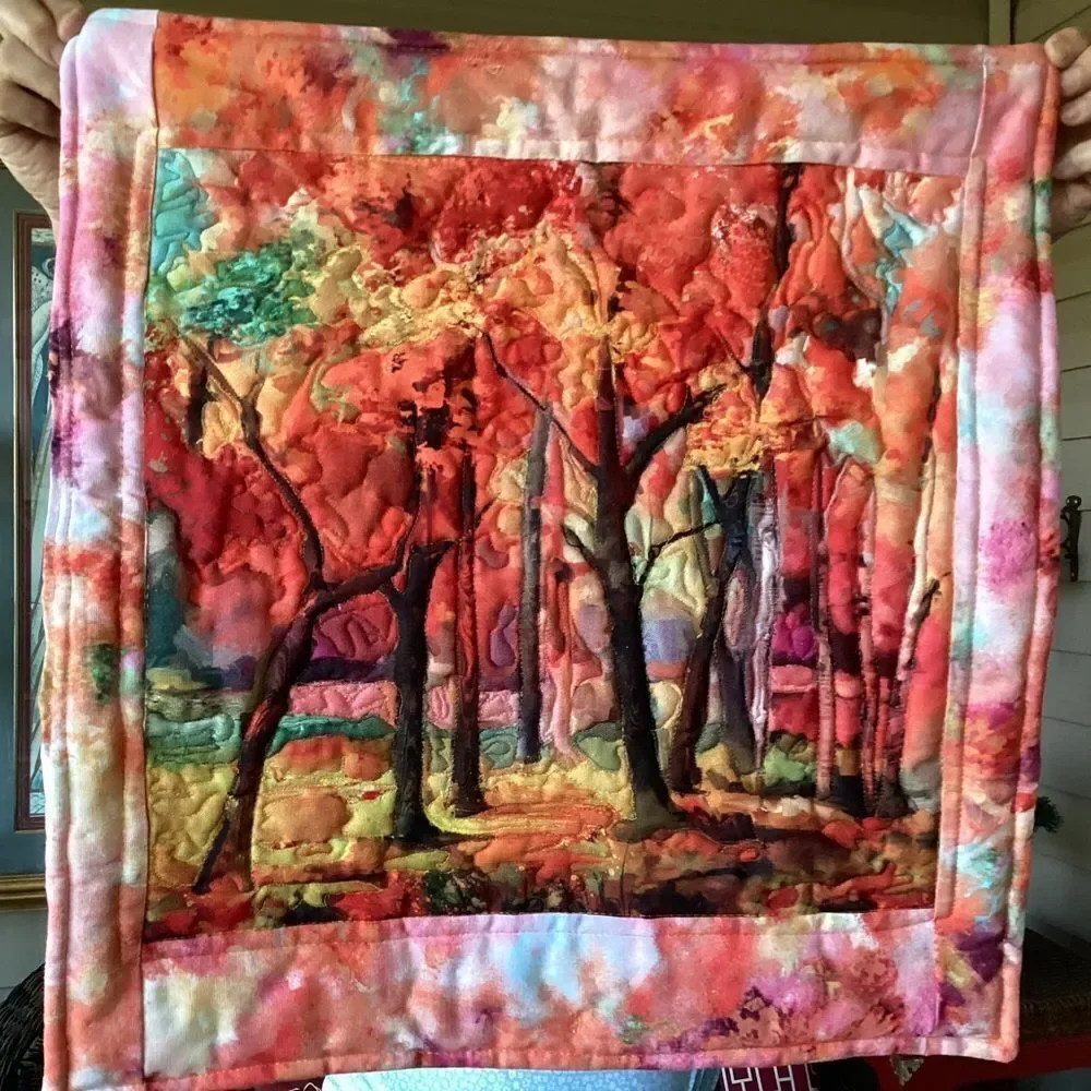 NWT. Hand Crafted Colorful Quilted Forest Wall Art Quilt